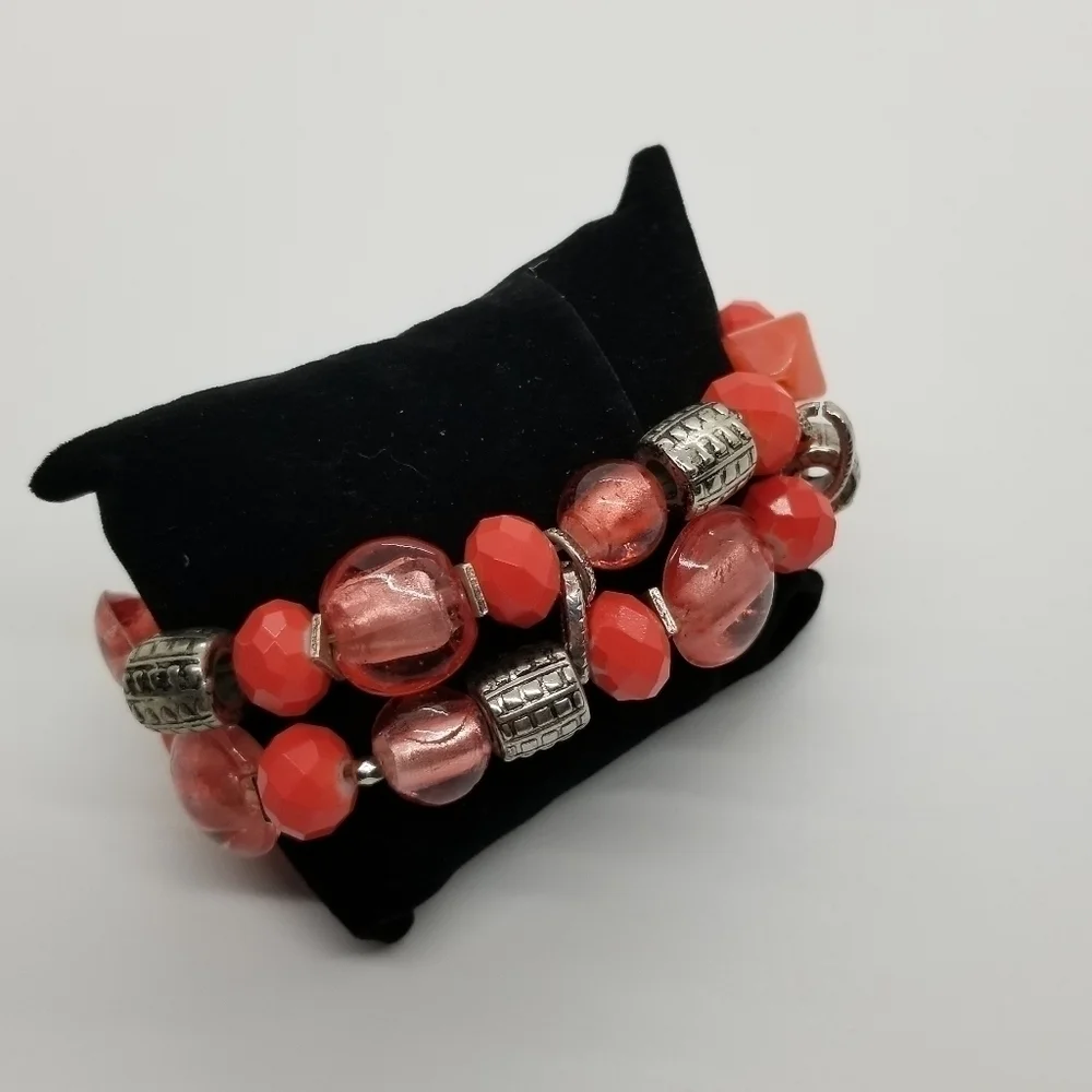 silver and pink beaded stretch 2-strand bracelet